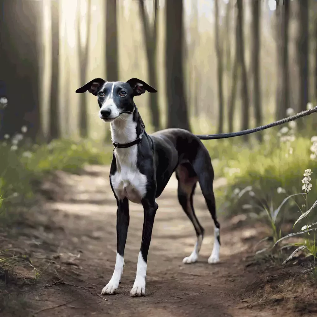 Laisse ou pas laisse pour mon Whippet : Un Whippet debout sur un chemin forestier, entouré d'arbres et de végétation. Le chien a une allure élégante et athlétique, caractéristique de sa race, avec un pelage court noir et blanc. Il porte un collier et est attaché à une laisse qui s'étend hors du cadre, suggérant qu'il est promené par quelqu'un hors de l'image. La posture alerte et attentive du chien indique qu'il pourrait être concentré sur quelque chose ou quelqu'un, peut-être son propriétaire ou un élément de l'environnement naturel qui l'entoure.