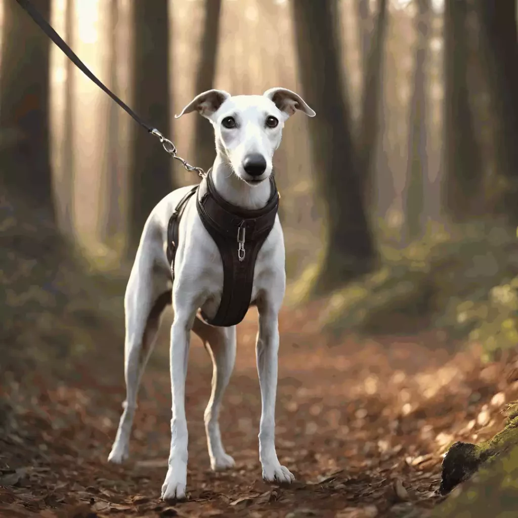 Laisse ou pas laisse pour mon Whippet : Un Whippet blanc aux marques distinctives noires pose sur un sentier forestier, baigné dans une lumière douce qui semble filtrer à travers les arbres. Il porte un harnais noir robuste et une laisse est clairement visible, suggérant qu'il est sous la surveillance attentive de son propriétaire. Son regard est attentif et peut-être un peu curieux, les oreilles dressées et alertes. La forêt offre un arrière-plan flou qui met en valeur la netteté et les détails du chien au premier plan.