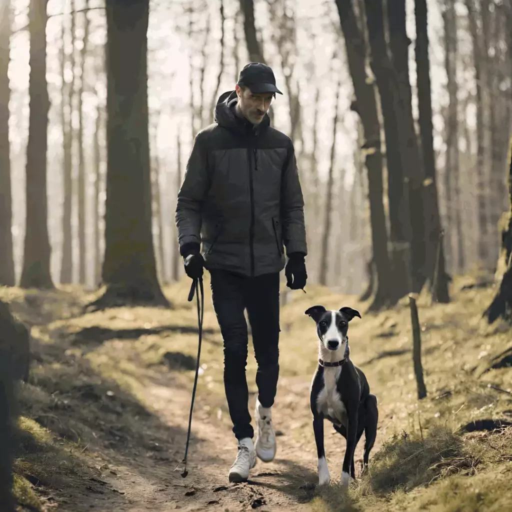 Un homme et son Whippet marchent sur un chemin forestier. L'homme, vêtu d'une veste d'hiver et d'un bonnet, semble détendu et concentré sur le chemin devant lui, tenant une laisse qui est attachée au collier du chien. Le Whippet est en position attentive, avec des oreilles dressées et des yeux qui expriment curiosité ou vigilance. La lumière tamisée du soleil à travers les arbres crée une ambiance matinale ou de fin d'après-midi. C'est une image paisible de complicité entre le chien et son propriétaire, engagés dans une promenade tranquille dans la nature.