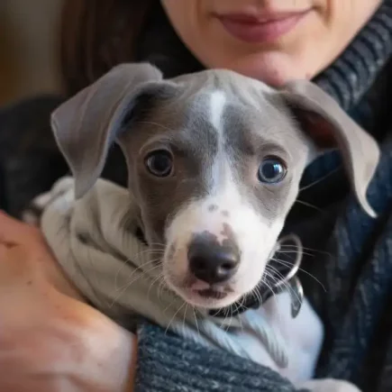 Adopter responsable : Un jeune Whippet tenu par un adulte, regarde la caméra avec curiosité. Ses grandes oreilles et son pelage gris et blanc soulignent son innocence, mettant en avant l'importance d'adopter de manière responsable.