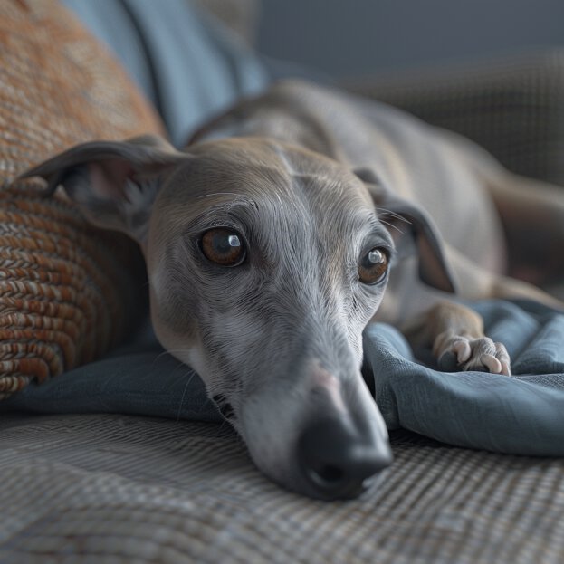 Maladie de Cushing : un Whippet allongé paisiblement sur un canapé. Cette scène tranquille pourrait illustrer les répercussions de la maladie de Cushing, qui affecte les glandes surrénales, influençant l'état général et la vitalité du chien.