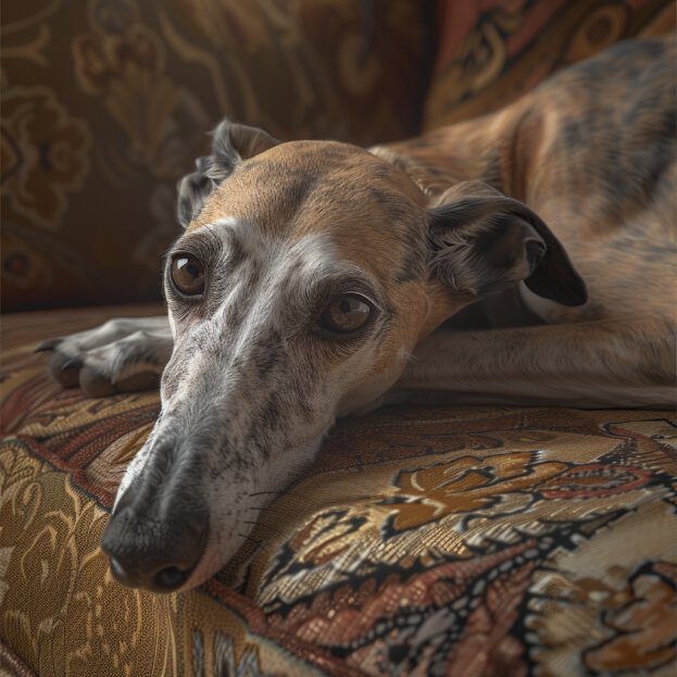 Maladie de Cushing : un Whippet couché sur un coussin aux motifs élaborés, son regard triste et ses yeux doux reflétant peut-être l'impact de la maladie de Cushing. Son pelage moucheté et sa posture allongée évoquent une tranquillité forcée, typique des chiens affectés par cette condition hormonale qui altère leur énergie et leur bien-être général.