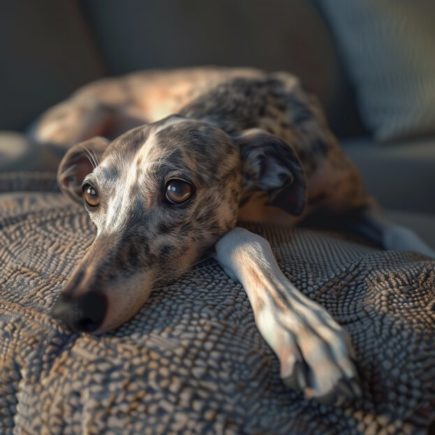 Maladie de Cushing : un Whippet couché sur un coussin aux motifs élaborés, son regard triste et ses yeux doux reflétant peut-être l'impact de la maladie de Cushing. Son pelage moucheté et sa posture allongée évoquent une tranquillité forcée, typique des chiens affectés par cette condition hormonale qui altère leur énergie et leur bien-être général.