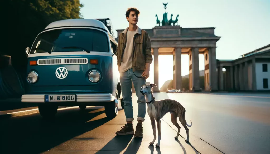 Voyager avec un Whippet : un homme se tient debout à côté d'un van Volkswagen bleu, avec son Whippet en laisse. Ils sont devant la Porte de Brandebourg à Berlin, symbolisant une aventure urbaine. Voyager en van avec un Whippet semble offrir des moments de découverte et de complicité dans des lieux emblématiques.
