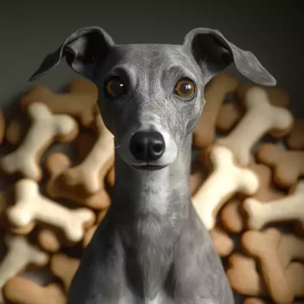 Biscuits pour chien maison : Un Whippet au regard curieux et attentif, posé devant un fond composé d'une multitude de biscuits pour chiens en forme d'os. L'expression du chien semble traduire une attente impatiente ou une légère interrogation, ce qui capte l'attention sur sa tête délicate et ses grands yeux expressifs. Le contraste entre sa robe grise lisse et le fond texturé des biscuits ajoute une touche visuelle intéressante à la composition.