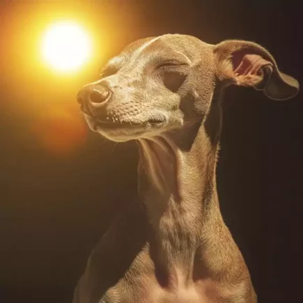 Coup de chaleur et Whippets : un Whippet baigné de lumière, savourant la chaleur du soleil avec une expression de paix, mettant en avant la délicatesse et la tranquillité de l'instant.