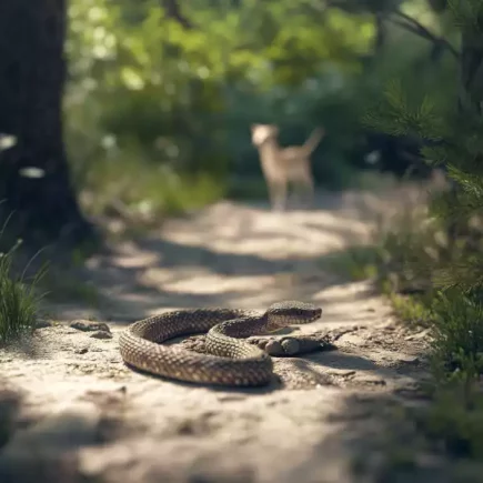 Morsures de serpent : Une rencontre intense sur un sentier forestier baigné de lumière naturelle. Au premier plan, une vipère est enroulée sur le chemin, prête à attaquer avec son corps segmenté visible. À l'arrière-plan, un chien de couleur claire se tient alerte, regardant en direction du serpent.