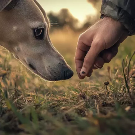Piroplasmose du chien : un Whippet lors d'une inspection minutieuse après une promenade en milieu rural. L'image met en évidence l'importance de vérifier la présence de tiques sur votre chien. Le Whippet est attentivement examiné, et une tique est visible sur le doigt de la personne, illustrant ainsi le risque et la vigilance nécessaire pour prévenir les infections comme la piroplasmose. L'arrière-plan montre un paysage bucolique, environnement où les tiques sont couramment présentes.