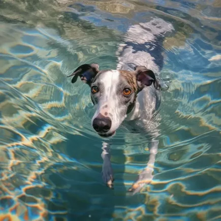 Eau et Whippet : Un Whippet en train de nager dans de l'eau claire. Ses pattes sont visibles sous la surface de l'eau, et il semble attentif, regardant droit vers l'objectif. L'eau reflète des motifs de lumière, créant un effet visuel apaisant et lumineux autour du chien.