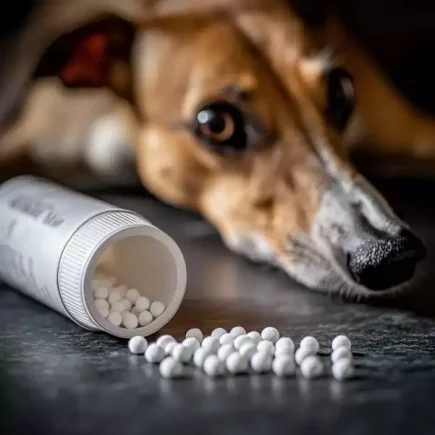 Homéopathie pour les Whippets : Un Whippet examinant attentivement un flacon renversé de petites granules blanches, évoquant une curiosité prudente vis-à-vis de médicaments ou de compléments.