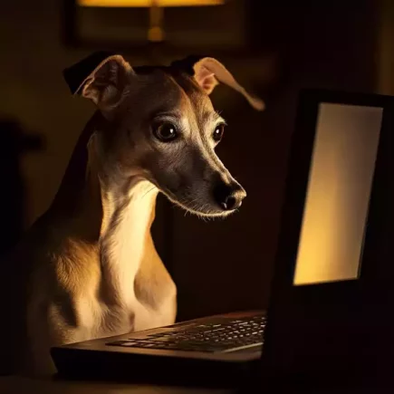 Préparer la rentrée avec un Whippet : Un Whippet attentif, assis devant un ordinateur portable dans une ambiance chaleureuse et tamisée. Son expression curieuse donne l'impression qu'il est en train de travailler ou de surveiller quelque chose, ajoutant une touche amusante et moderne à l'image, parfaite pour évoquer le télétravail ou la présence des chiens dans nos vies numériques.