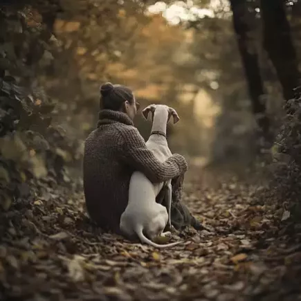 Son odeur après la pluie : Un moment de complicité entre un maître et son Whippet, assis dans un sentier forestier couvert de feuilles d'automne. Dans une atmosphère douce et paisible, les deux regardent vers l’horizon, symbolisant la sérénité et la profondeur de leur lien.