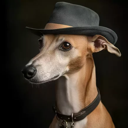 Le charme unique du Whippet, accentué par le détail original du chapeau, qui lui confère une allure à la fois sophistiquée et malicieuse. Un clin d'œil parfait pour souligner la personnalité raffinée de cette race exceptionnelle !