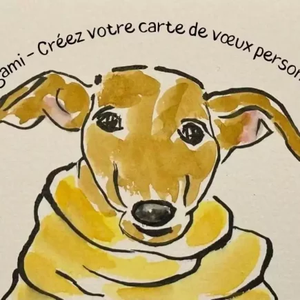 Cartes de vœux : Un portrait à l’aquarelle d’un Whippet portant un manteau jaune, réalisé dans le style de l’etegami. Un texte en arc de cercle, "Atelier Etegami - Créez votre carte de vœux personnalisée", encadre l’image, tandis que de petits motifs comme des pattes et une palette de peintre apportent une touche ludique et festive. Le logo de "passion-whippet.com" est visible en bas à gauche, ajoutant une signature élégante et professionnelle.