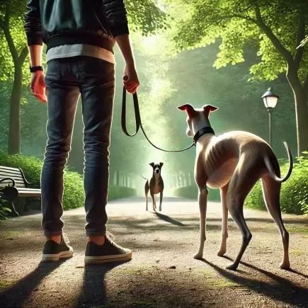 Comment réagir face à un chien non tenu en laisse ? Un maître tenant son Whippet en laisse dans un parc calme et verdoyant. Le Whippet, en position d’alerte mais calme, observe un autre chien non tenu en laisse qui s’approche au loin sur le chemin. La lumière douce du soleil traverse les arbres, ajoutant une ambiance paisible mais légèrement tendue à la scène.