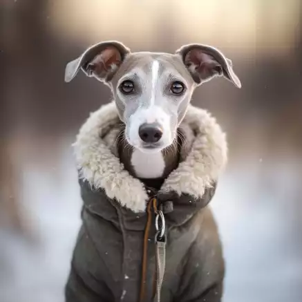 Un Whippet habillé d'un manteau chaud et élégant, parfait pour les journées hivernales. Sa posture et son regard doux reflètent à la fois son élégance naturelle et sa sensibilité. Une belle démonstration de l'importance d'habituer un Whippet à porter un vêtement !