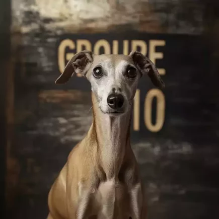 Groupe 10 lévriers : Un Whippet posant devant un arrière-plan sombre où l'on peut lire "Groupe 10", faisant référence à sa classification dans la Fédération Cynologique Internationale qui regroupe les lévriers.