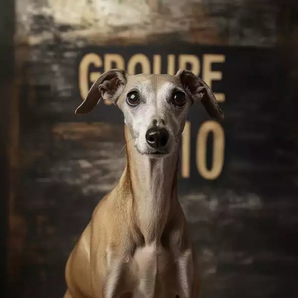 Groupe 10 lévriers : Un Whippet posant devant un arrière-plan sombre où l'on peut lire "Groupe 10", faisant référence à sa classification dans la Fédération Cynologique Internationale qui regroupe les lévriers.