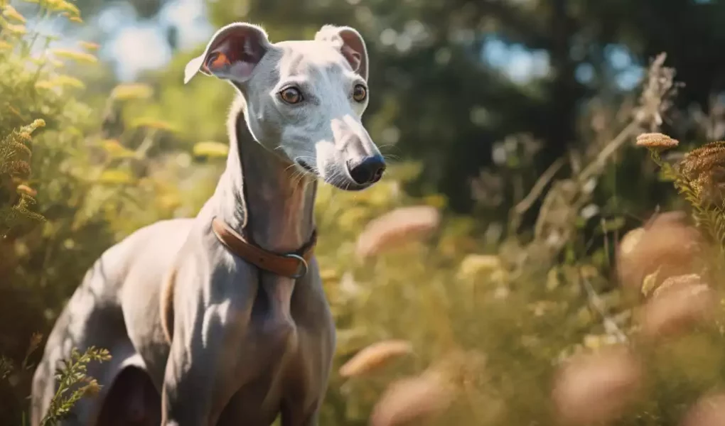 Le rappel du Whippet : Un Whippet gris clair se dresse avec élégance au milieu d'une prairie ensoleillée, son regard attentif capturant l'essence de sa nature à la fois douce et déterminée.