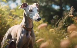 Le rappel du Whippet : Un Whippet gris clair se dresse avec élégance au milieu d'une prairie ensoleillée, son regard attentif capturant l'essence de sa nature à la fois douce et déterminée.