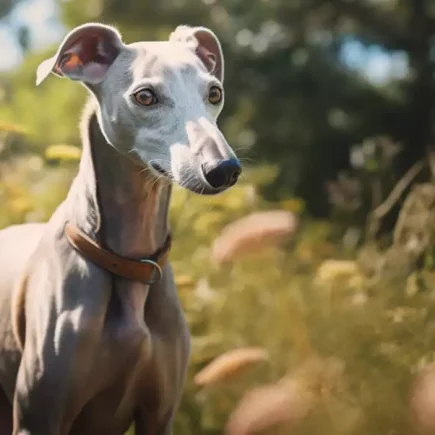 Le rappel du Whippet : Un Whippet gris clair se dresse avec élégance au milieu d'une prairie ensoleillée, son regard attentif capturant l'essence de sa nature à la fois douce et déterminée.