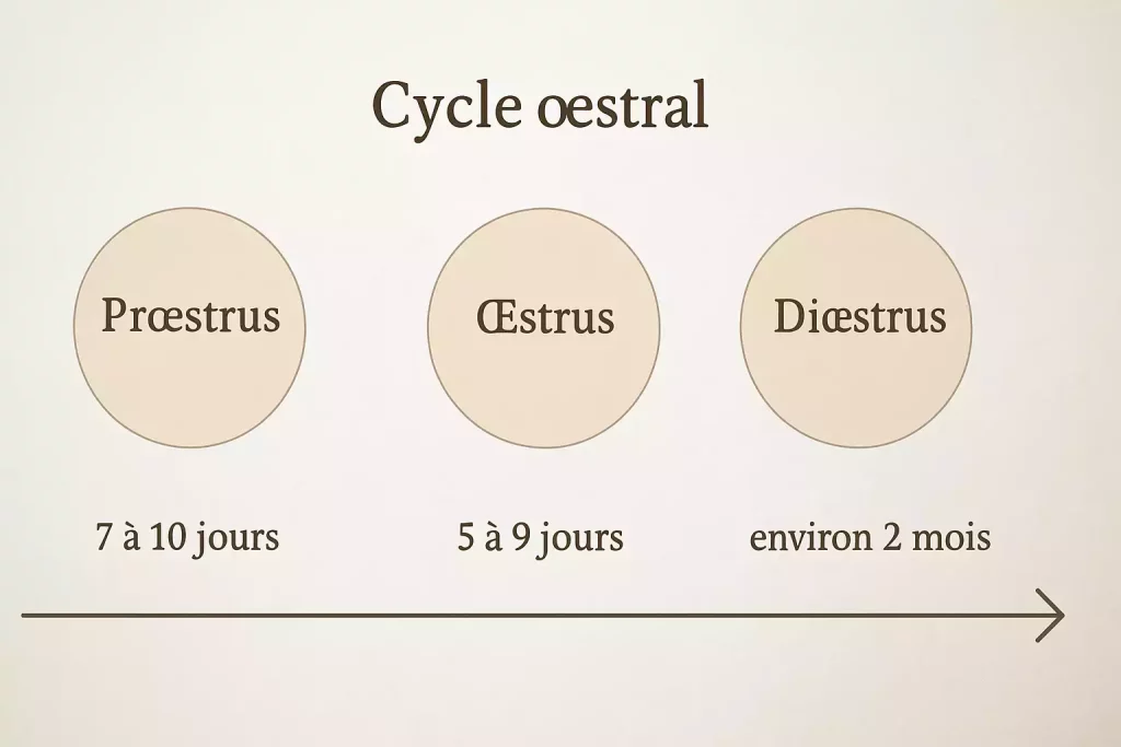 1ères chaleurs : Schéma du cycle œstral de la chienne Whippet, illustrant les trois phases principales : Prœstrus, Œstrus et Diœstrus, avec leur durée moyenne respective.