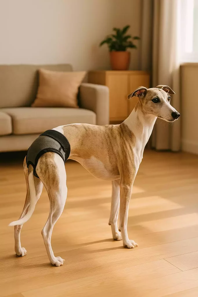 Femelle Whippet bringée fauve et blanc, debout dans un intérieur lumineux, portant une culotte hygiénique confortable, adaptée à la gestion des chaleurs.