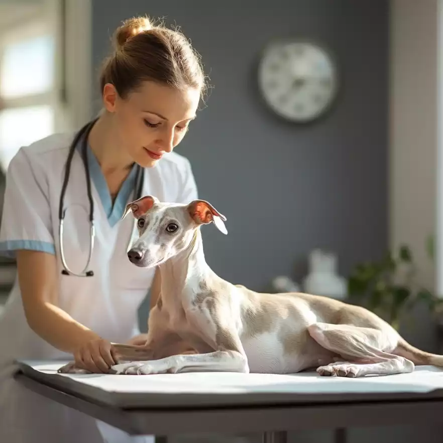 Une Whippet crème et blanc, allongée sur la table d’examen, examinée avec douceur par une vétérinaire attentive.