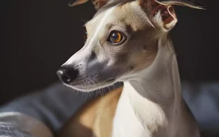 Portrait d’un Whippet fauve et blanc au regard expressif, baigné par une lumière naturelle douce, confortablement installé dans son panier.