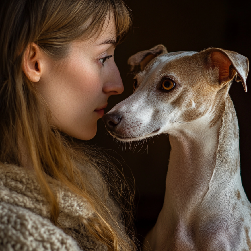 Face-à-face tendre entre une jeune femme et sa Whippet, soulignant le lien profond et complice entre l’humain et son chien.