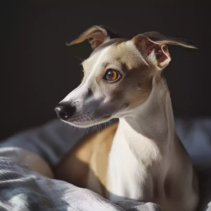 Portrait d’un Whippet fauve et blanc au regard expressif, baigné par une lumière naturelle douce, confortablement installé dans son panier.