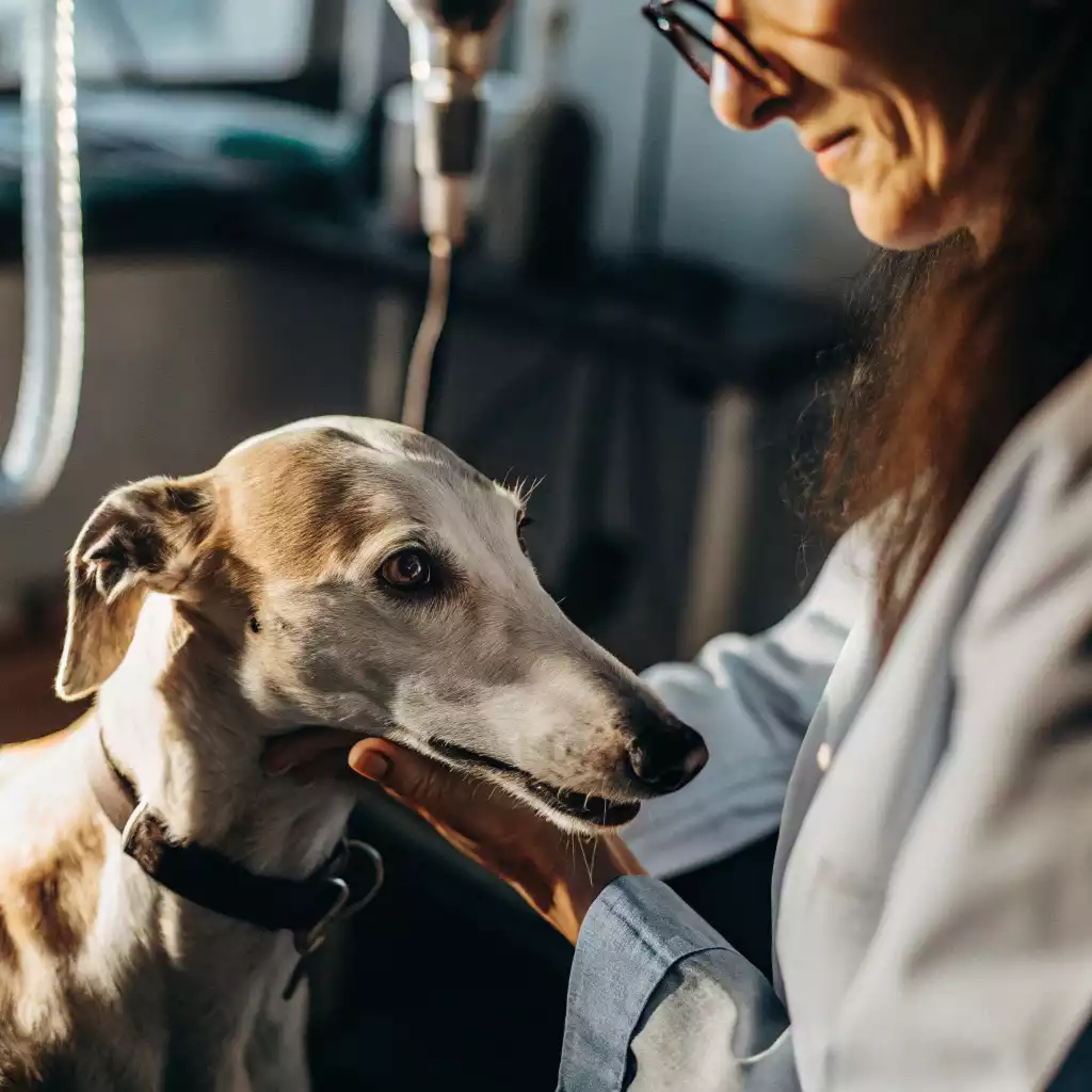 Dire au revoir à son Whippet : Un moment empreint de douceur et de confiance entre un Whippet et une vétérinaire. Le regard du chien, à la fois attentif et paisible, reflète une complicité précieuse, tandis que la main bienveillante qui le soutient traduit un profond respect. Dans ce cadre médical, la tendresse de l’instant adoucit la gravité du moment, rappelant combien le bien-être de nos compagnons passe aussi par ces échanges empreints d’humanité.