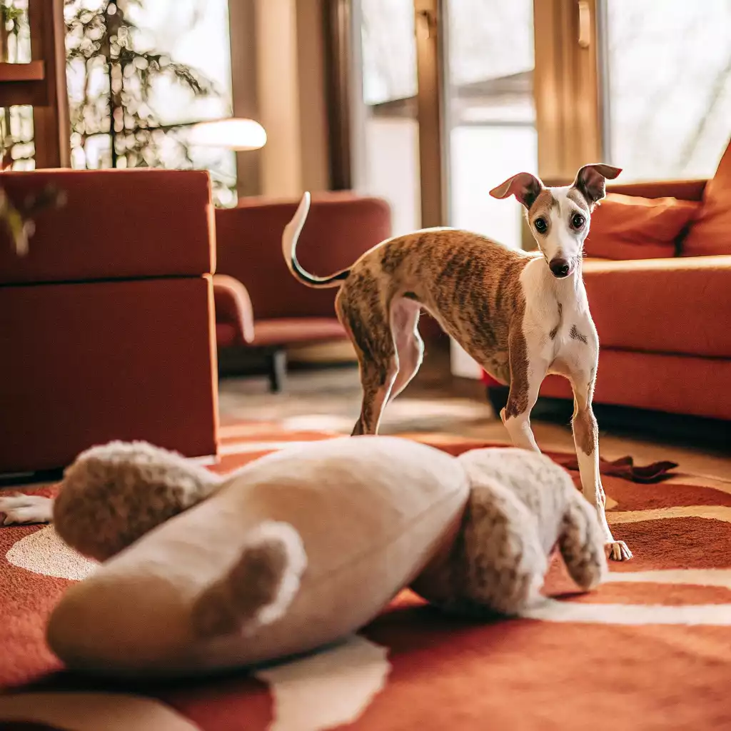 Un lévrier bringé se tient debout dans un salon chaleureux, fixant un grand coussin en forme d’animal devant lui. L’ambiance cosy et la lumière tamisée renforcent une scène de vie quotidienne.