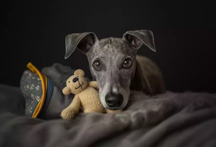 Un élégant Whippet gris repose confortablement sur un plaid moelleux, tenant une petite peluche contre lui. Son regard doux et expressif, légèrement penché, renforce une sensation de calme et d’attachement à son jouet. L’éclairage tamisé met en valeur la finesse de son pelage et crée une atmosphère chaleureuse et apaisante.