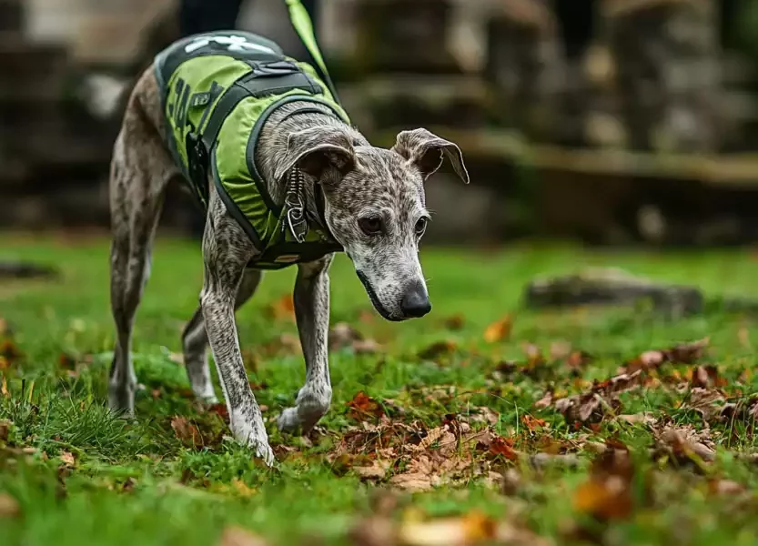 Un Whippet bringé portant un harnais de Mantrailing vert, concentré sur une piste olfactive dans un cadre naturel. Son regard est fixé au sol, et son corps est légèrement en tension, traduisant une grande concentration. La longe tenue par une personne en arrière-plan indique qu'il est en pleine séance de pistage. L’environnement verdoyant, parsemé de feuilles mortes et de pierres anciennes, ajoute une ambiance immersive à cette scène de travail olfactif.