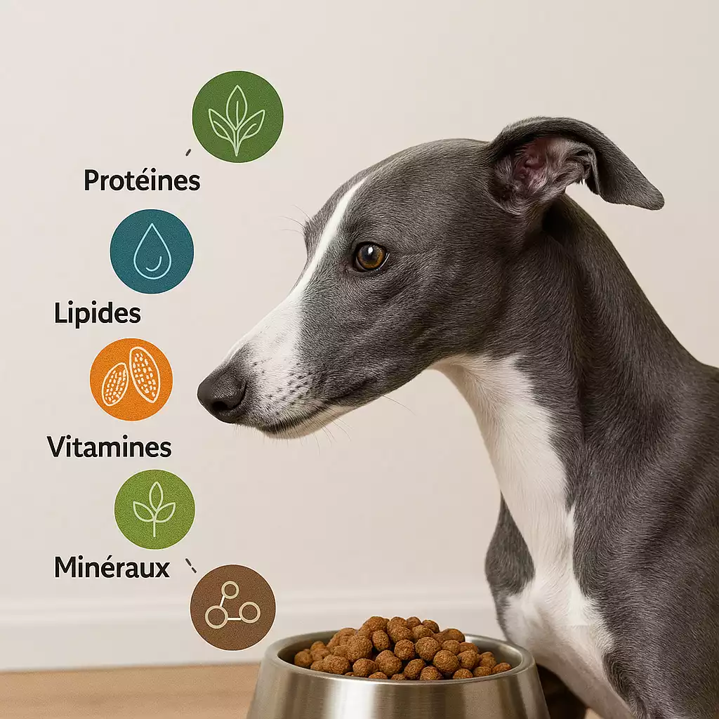 Un Whippet gris et blanc attentif à côté de sa gamelle, accompagné de pictogrammes rappelant les éléments essentiels de son alimentation : protéines, lipides, vitamines et minéraux.