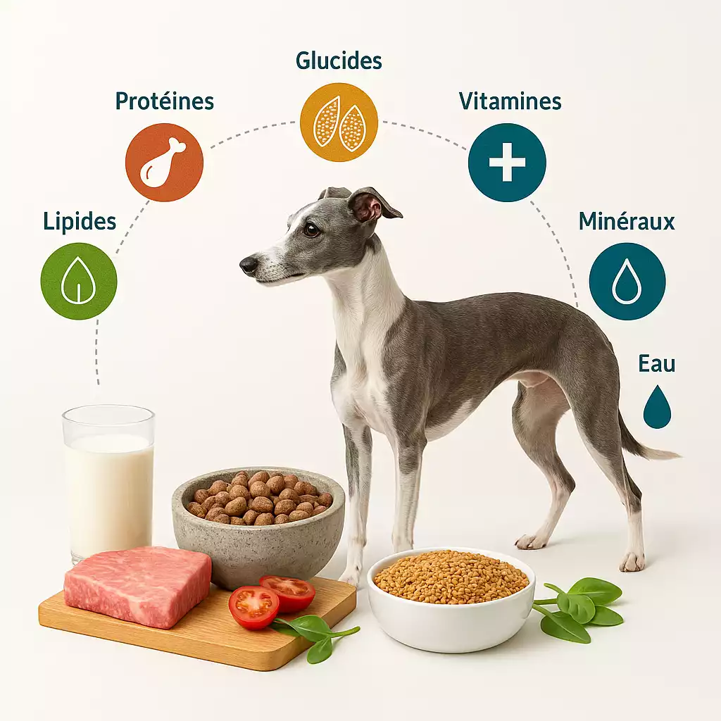 Besoins nutritionnels spécifiques du Whippet : Un lévrier gris et blanc debout au milieu d’ingrédients variés, illustrant les six piliers de son alimentation : protéines, lipides, glucides, vitamines, minéraux et eau.