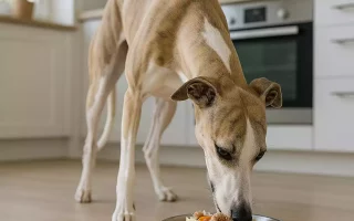 Un Whippet bringé fauve et blanc, déguste son repas dans une cuisine lumineuse, illustrant l'importance d'une alimentation saine et adaptée à ses besoins spécifiques.