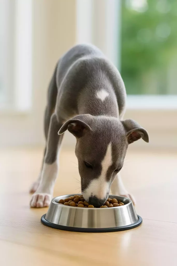 Un chiot gris et blanc déguste ses croquettes dans un espace baigné de lumière naturelle, illustrant l'importance d'une alimentation saine dès le plus jeune âge.