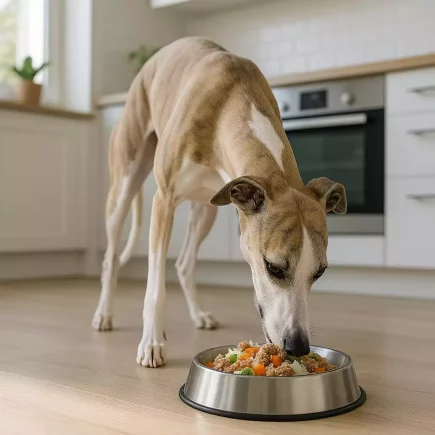 Un Whippet bringé fauve et blanc, déguste son repas dans une cuisine lumineuse, illustrant l'importance d'une alimentation saine et adaptée à ses besoins spécifiques.