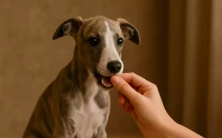 Un chiot Whippet bringé mordille doucement un doigt humain, dans une ambiance douce et naturelle. Son regard curieux et ses petites dents apparentes illustrent parfaitement la phase de découverte et de mordillement typique des premiers mois.