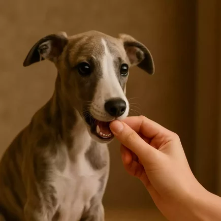 Un chiot Whippet bringé mordille doucement un doigt humain, dans une ambiance douce et naturelle. Son regard curieux et ses petites dents apparentes illustrent parfaitement la phase de découverte et de mordillement typique des premiers mois.