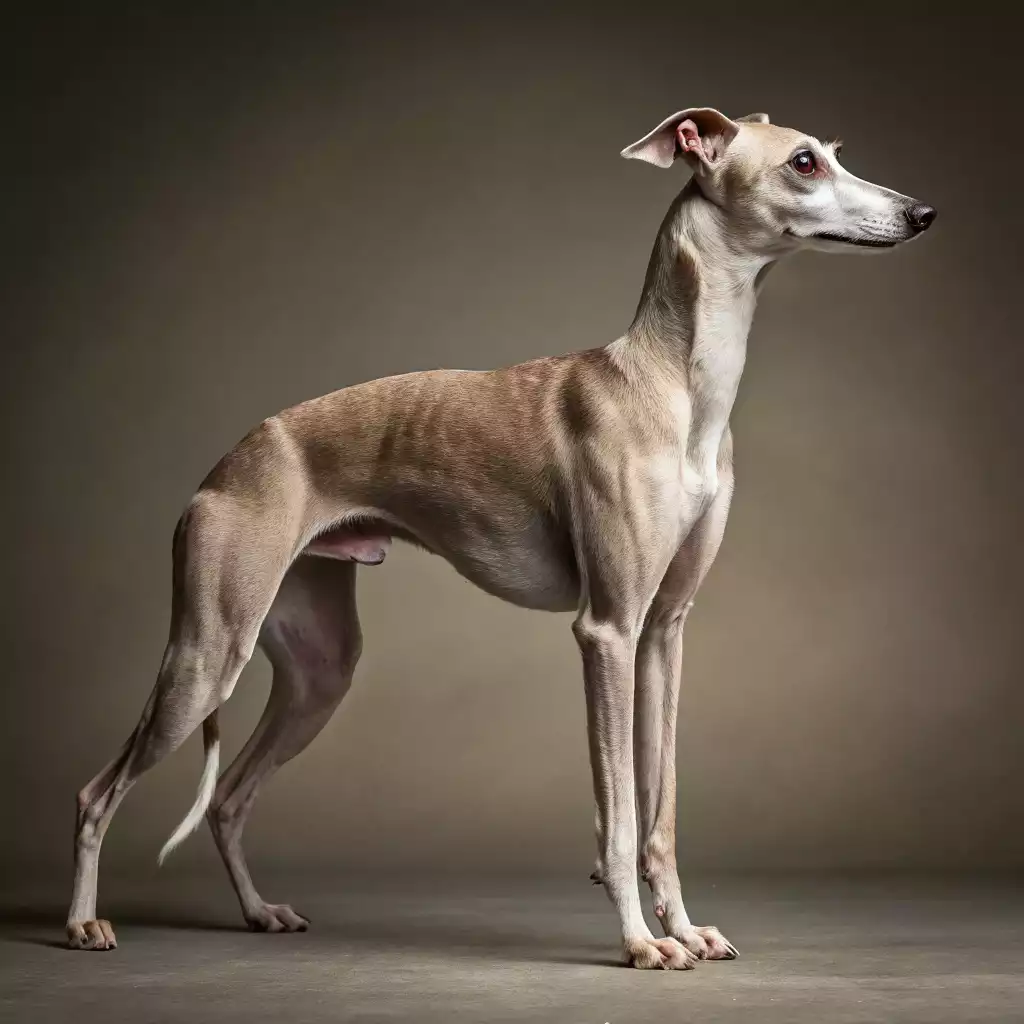 Petit Lévrier Italien (PLI) vu de profil sur fond neutre, mettant en valeur sa silhouette fine et élégante.