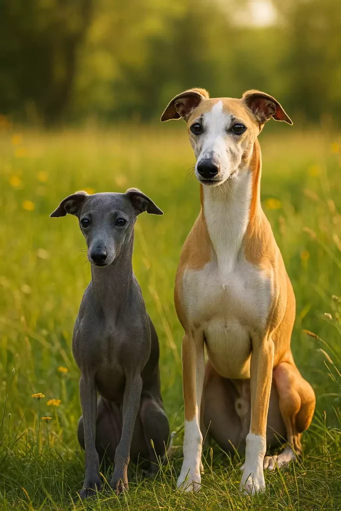 Petit Lévrier Italien bleu et Whippet fauve assis côte à côte dans un champ au coucher du soleil.