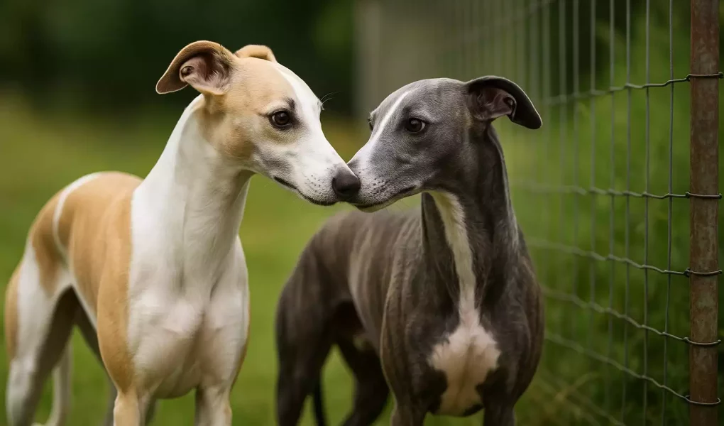 Deux Whippets, l’un fauve et blanc, l’autre bleu, se touchant le museau dans un jardin, près d’un grillage
