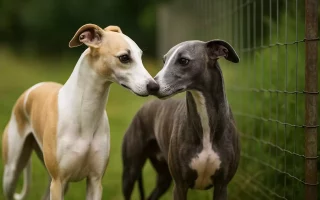Deux Whippets, l’un fauve et blanc, l’autre bleu, se touchant le museau dans un jardin, près d’un grillage