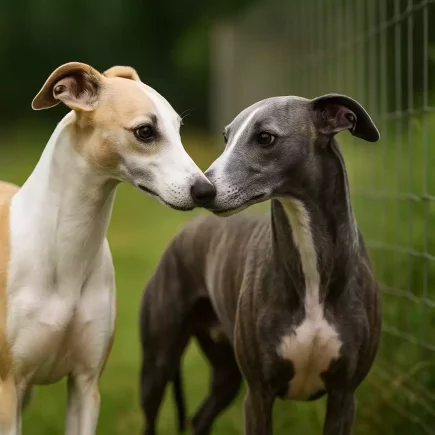 Deux Whippets, l’un fauve et blanc, l’autre bleu, se touchant le museau dans un jardin, près d’un grillage