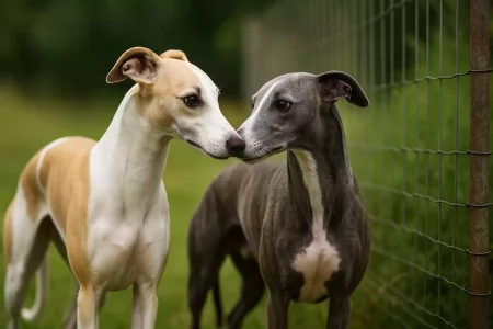 Deux Whippets, l’un fauve et blanc, l’autre bleu, se touchant le museau dans un jardin, près d’un grillage
