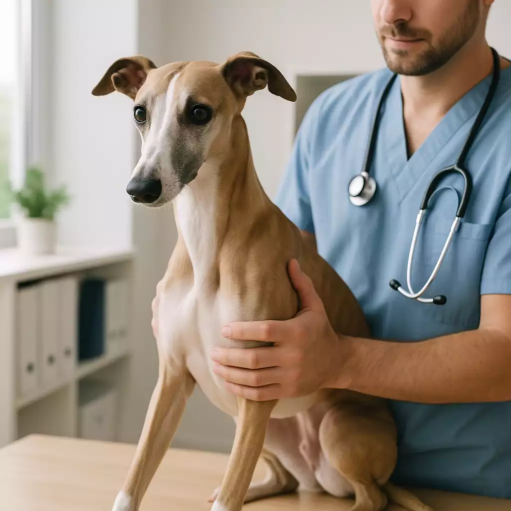 Un Whippet fauve et blanc, assis sur une table d’examen vétérinaire, tenu par un vétérinaire en blouse bleue avec un stéthoscope.