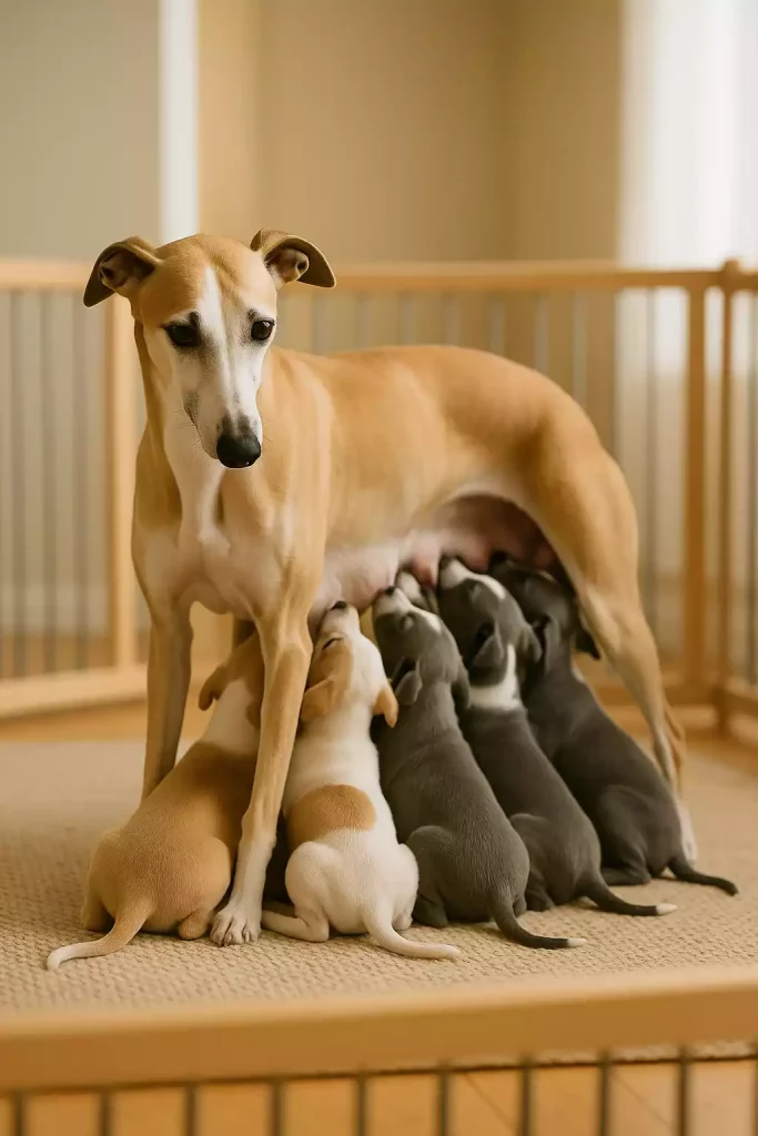 Une femelle Whippet allaitant ses chiots dans un enclos sécurisé, dans un environnement lumineux et chaleureux.